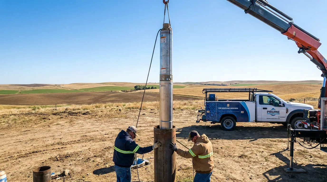 Submersible pump being pulled from a well casing near Nampa